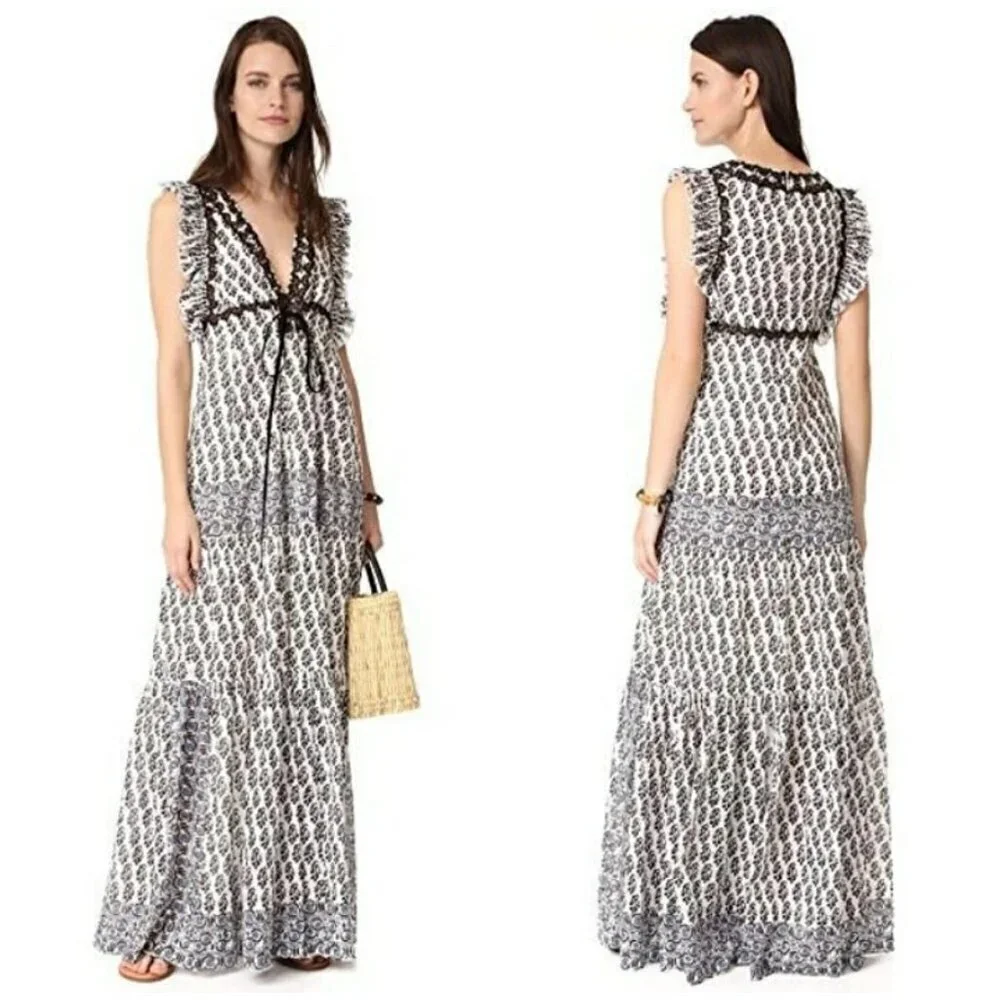 💕TORY BURCH Amita Appliquéd Printed Cotton Maxi Dress Ivory Guru Border Print 0